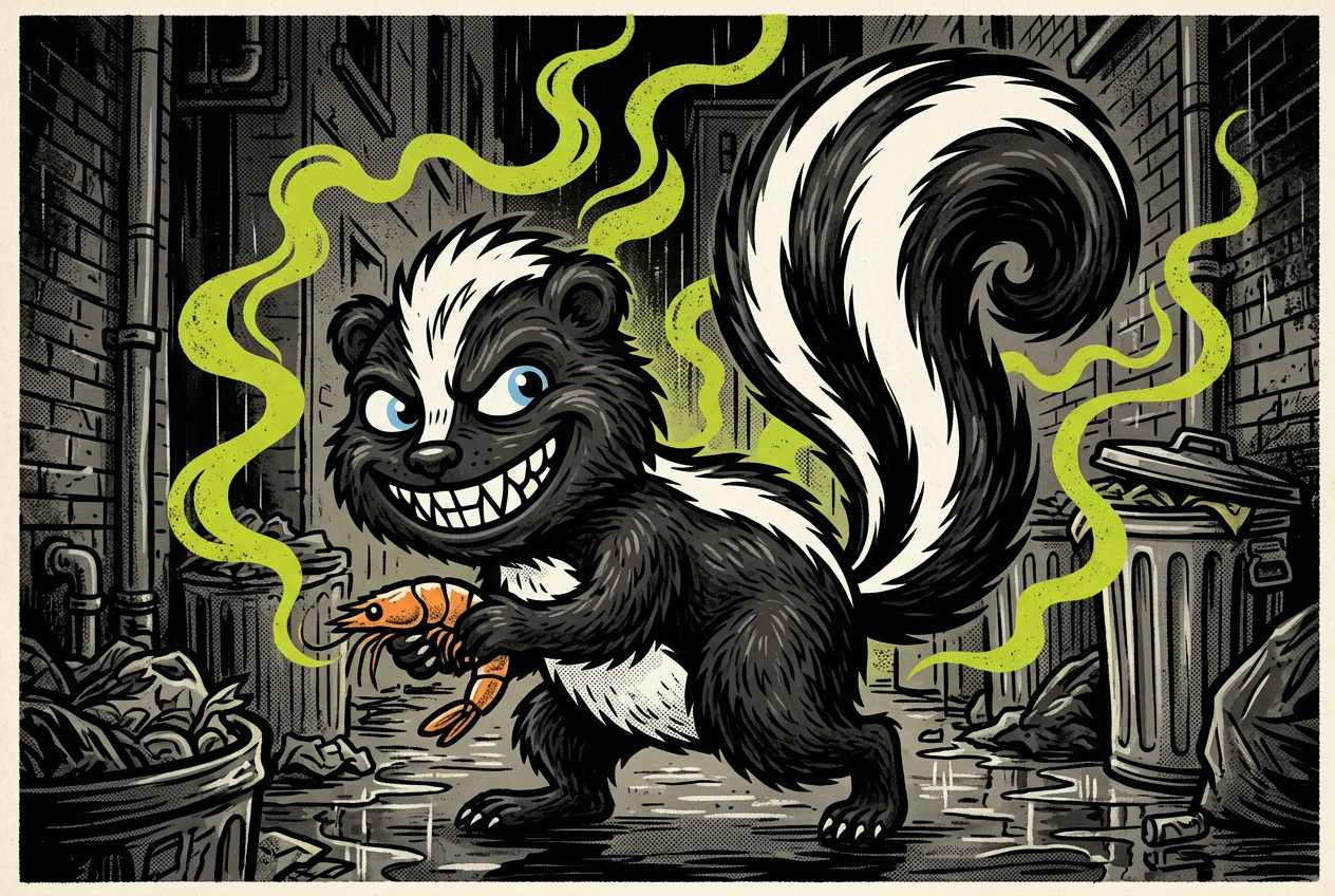 STINKY sneaking through an alley carrying a shrimp