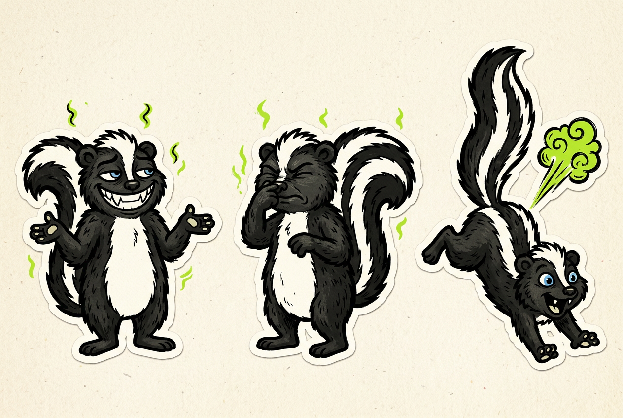 Three illustrated poses of STINKY