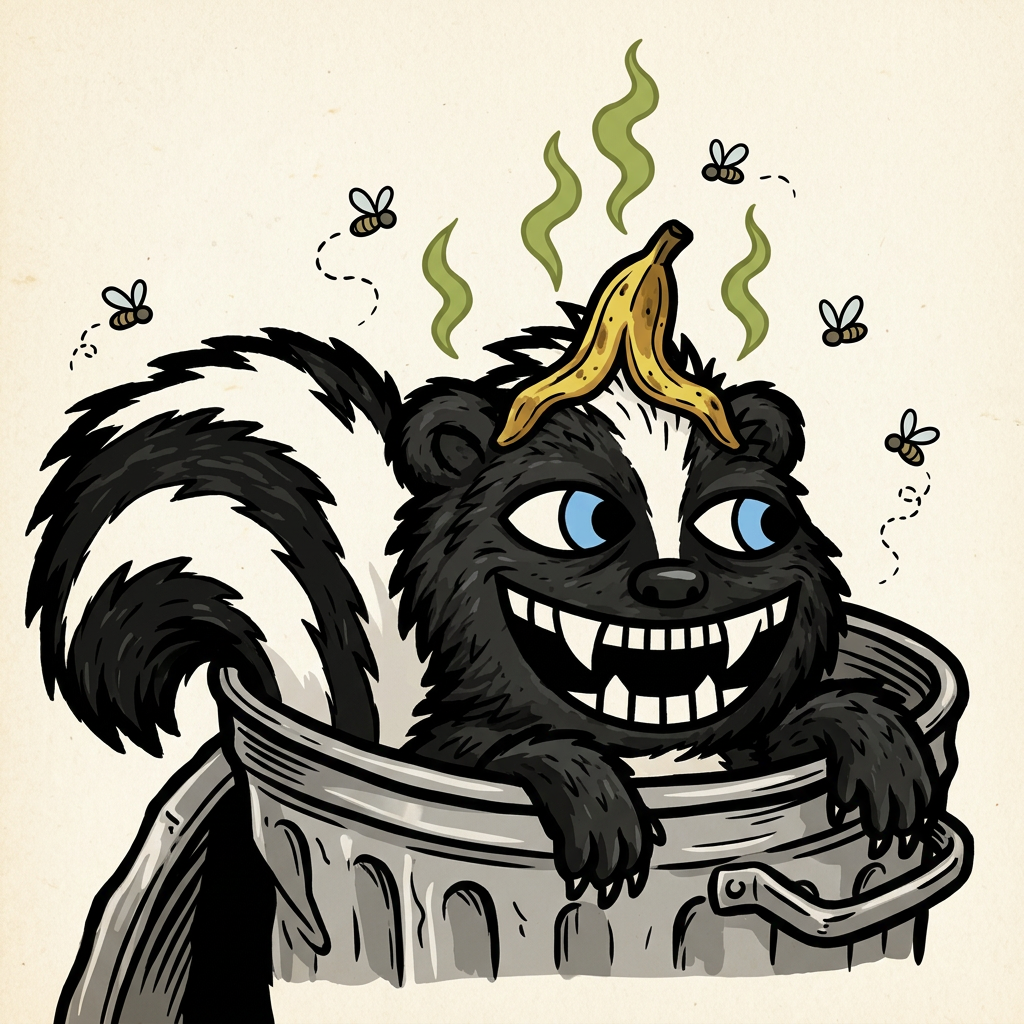 STINKY grinning inside a trash can