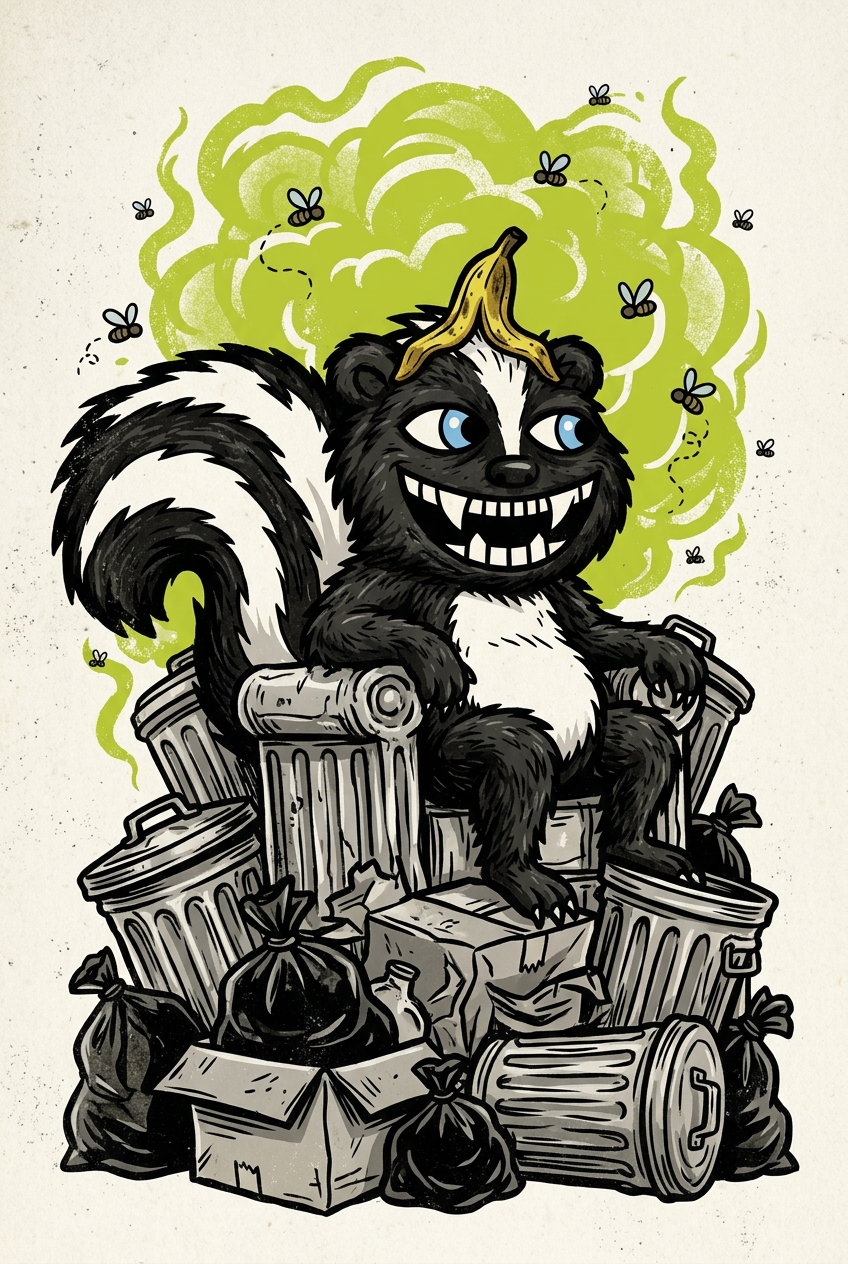 STINKY on a throne of trash cans wearing a banana peel crown